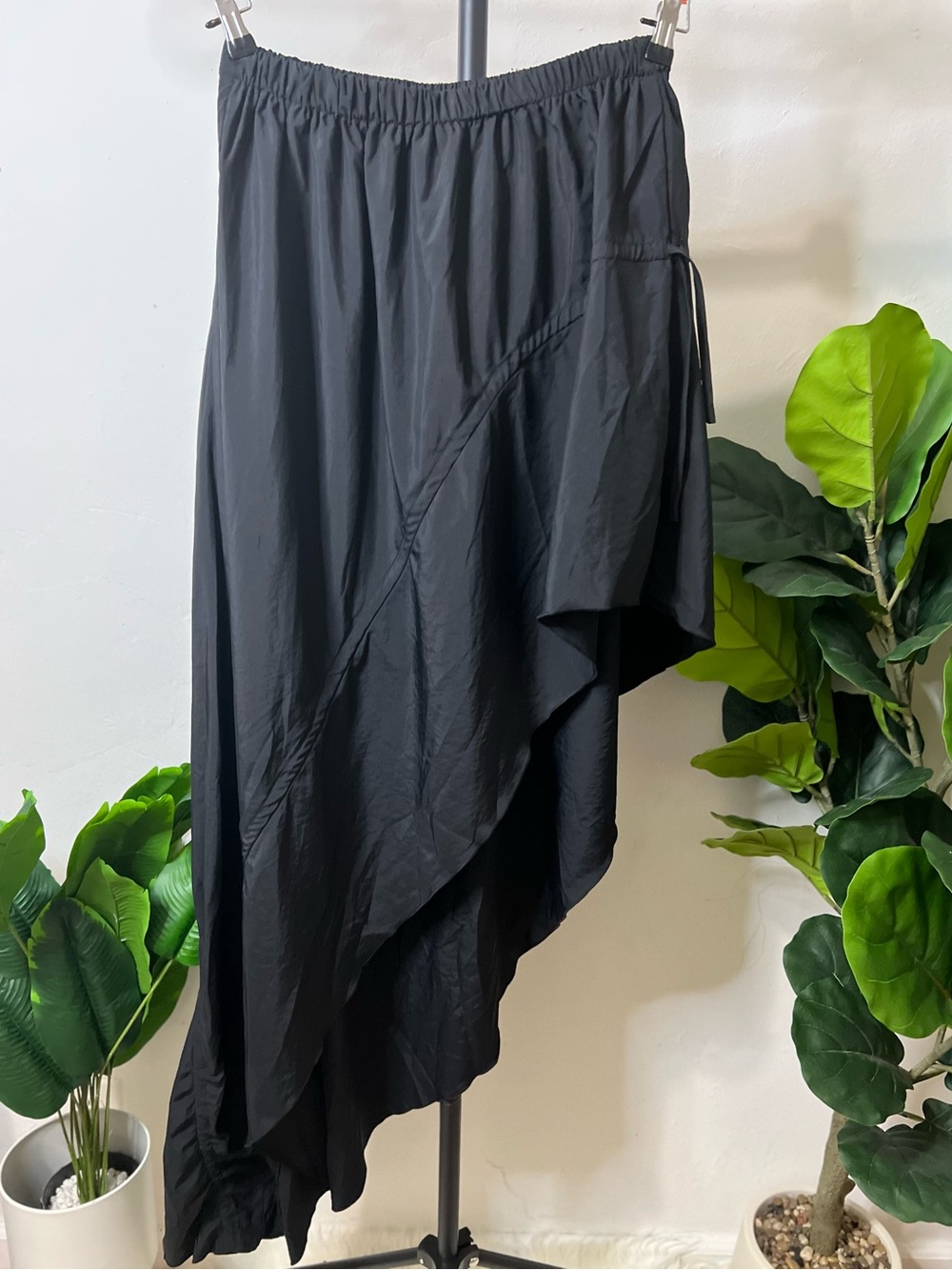 Black Asymmetrical Maxi Drawstring Skirt Ruched Size XL Y2K Avant Garde